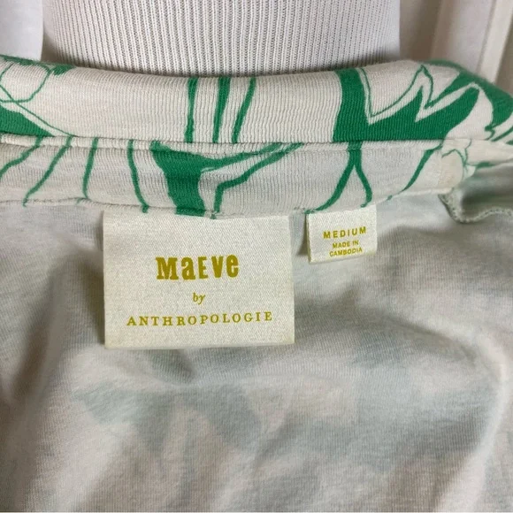 Anthropologie Maeve‎ Women’s Medium Ruched Blouse Green White Floral Collared - Picture 5 of 6